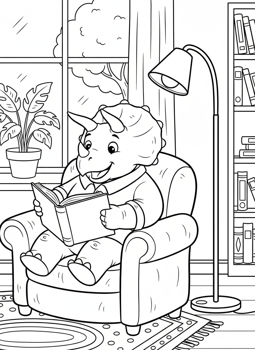 A smiling Triceratops sitting in a comfy armchair reading a book, with a floor lamp beside it, clean outlines for kids
