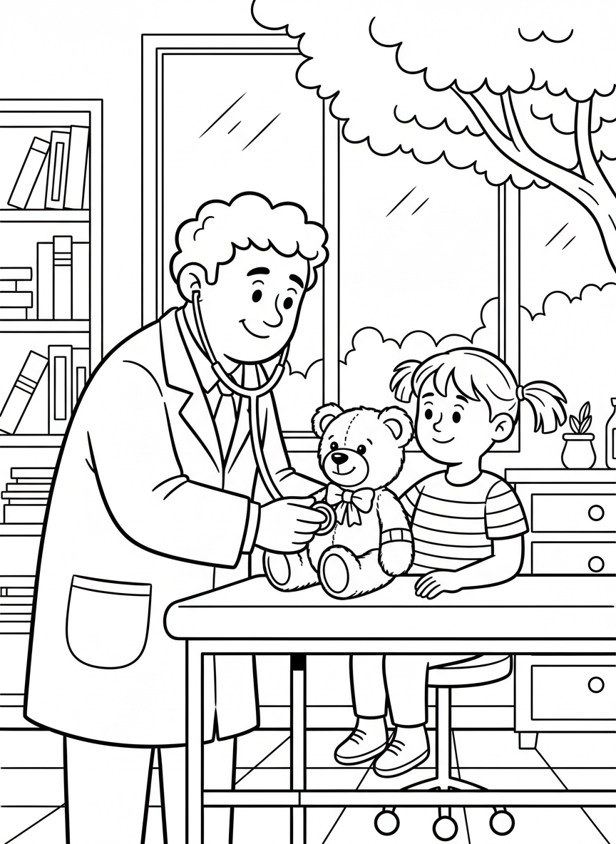 A smiling doctor examining a teddy bear with a stethoscope while a young patient watches in a bright medical office.