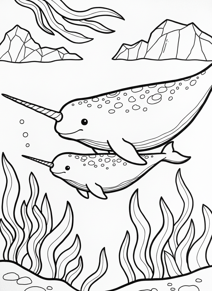 A baby narwhal swimming alongside its mother, showing size difference, with simple underwater plants and ice above