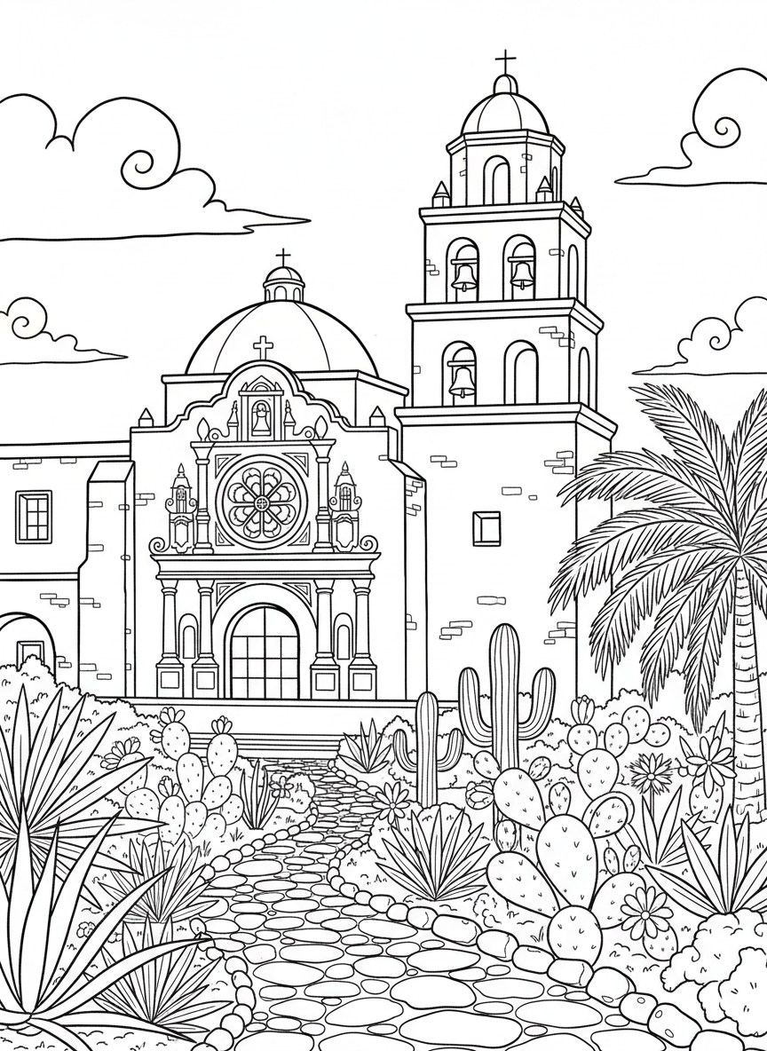 Mission San Jose with its ornate rose window, bell tower, and surrounding garden with cacti and flowers, architectural line-art drawing.