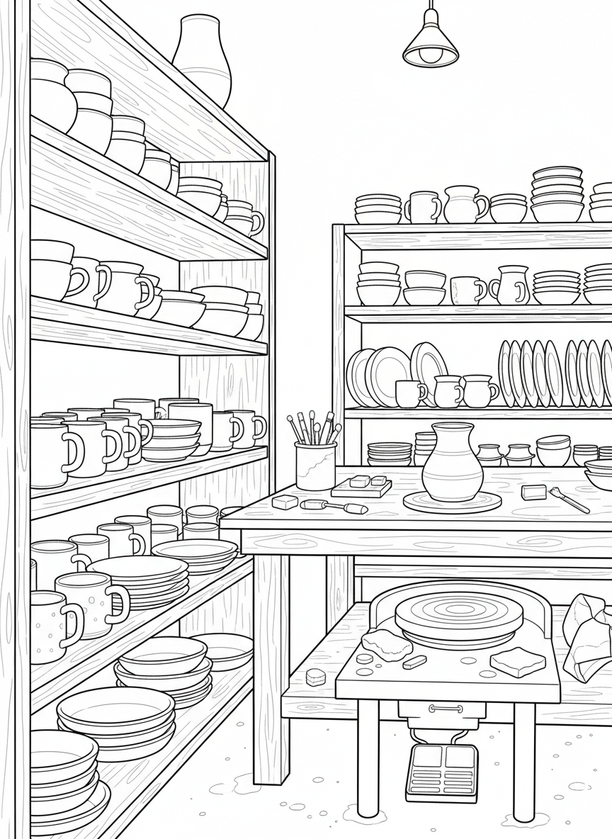 A pottery studio scene with shelves displaying various ceramic mugs, bowls, and plates waiting to be decorated.