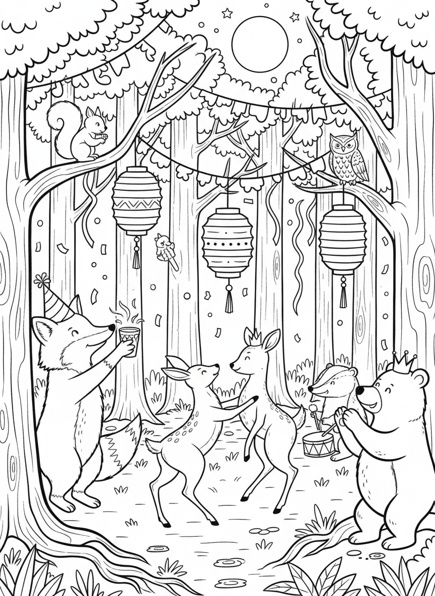 A group of woodland animals having a New Year's party in the forest with lanterns and decorations hanging from trees