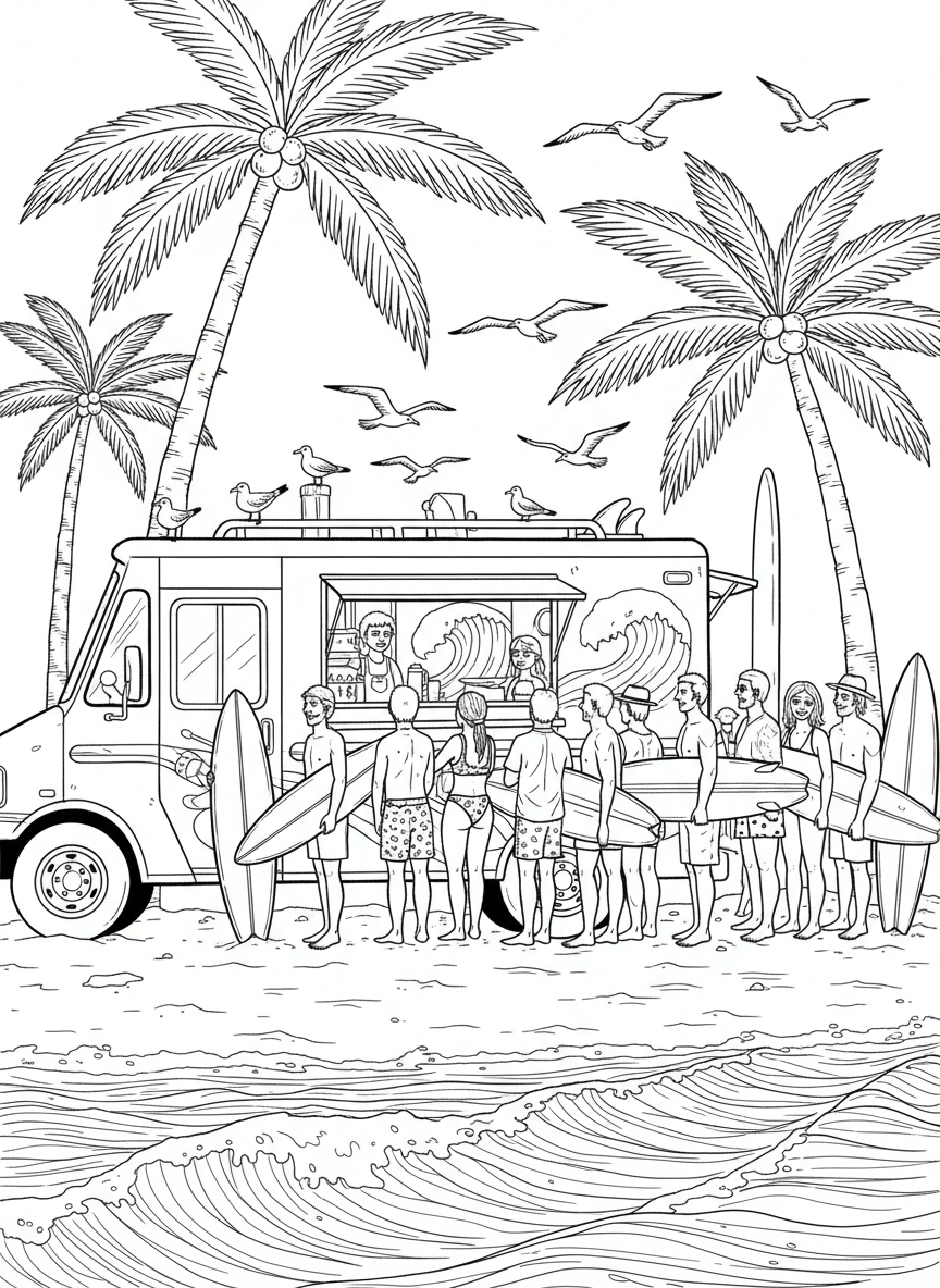 A taco truck at the beach with palm trees, seagulls, and customers in beach attire waiting in line with surfboards nearby.