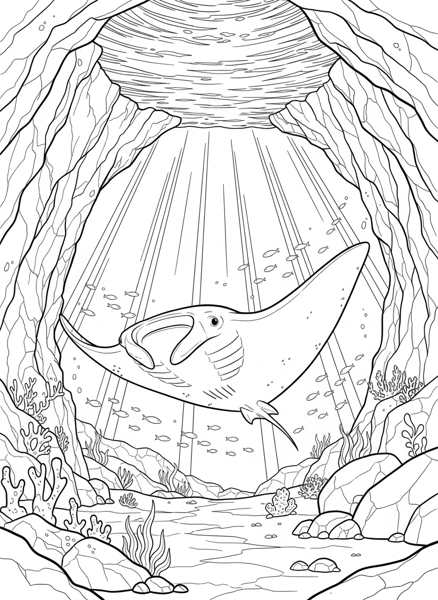 A majestic manta ray gliding through a wide cave opening with sunlight beams filtering down from above through the water