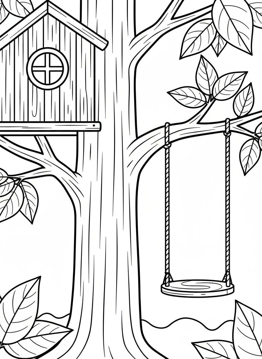 Simple treehouse design with a single rope swing, a round window, and leaves scattered around the base of the tree.