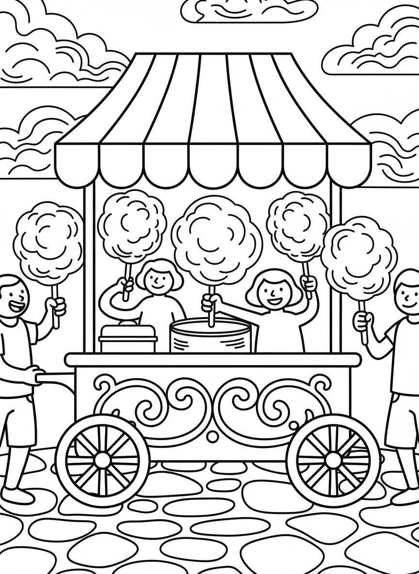 Cotton candy stand with puffy clouds of cotton candy on sticks, swirled designs and a serving counter.