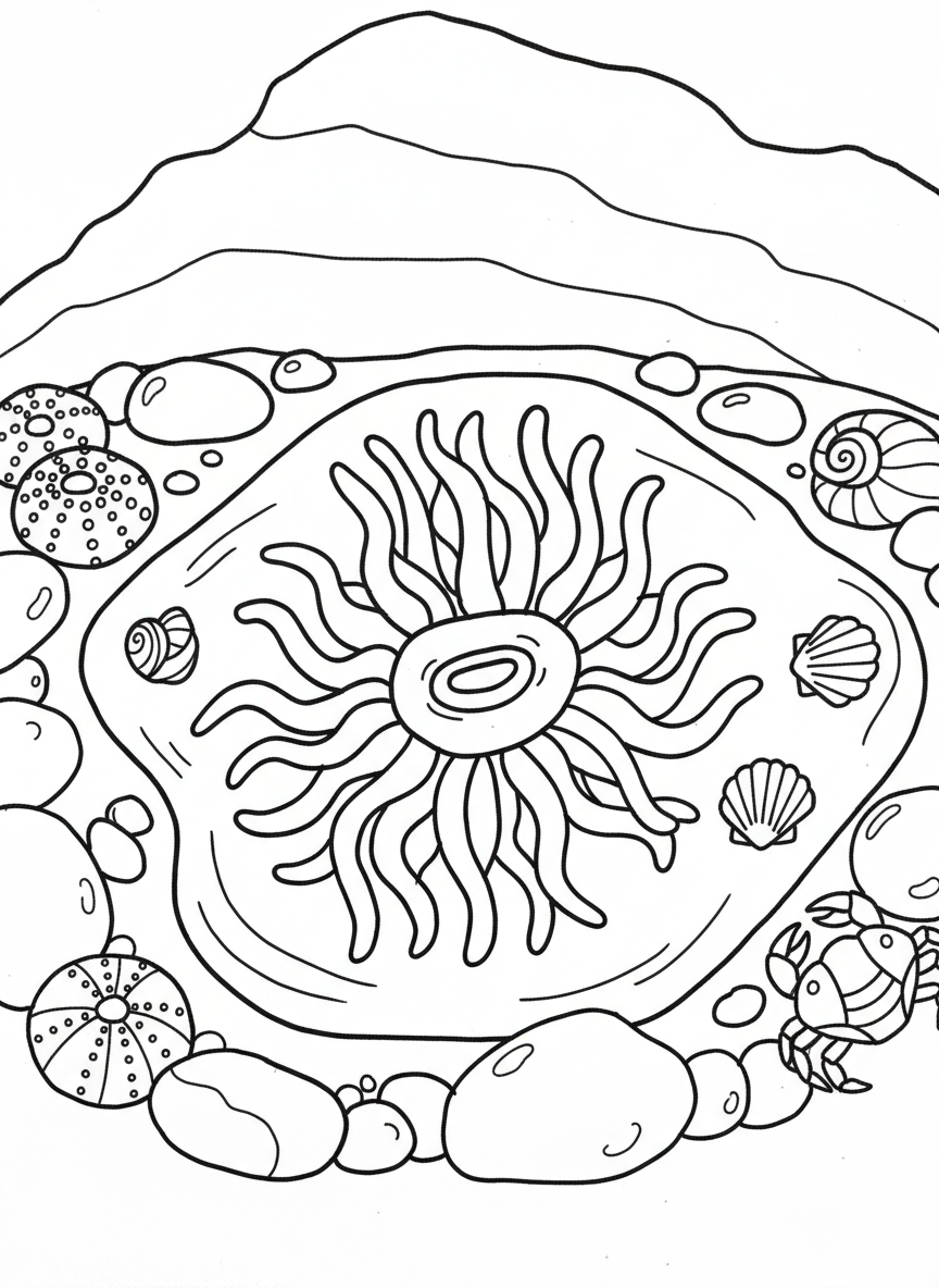 A single large sea anemone with flowing tentacles in a shallow tide pool, surrounded by small pebbles and shells, simple line art for young children