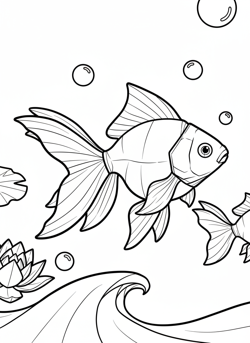 An origami goldfish swimming with flowing paper-folded fins and tail, surrounded by simple bubble circles, medium difficulty