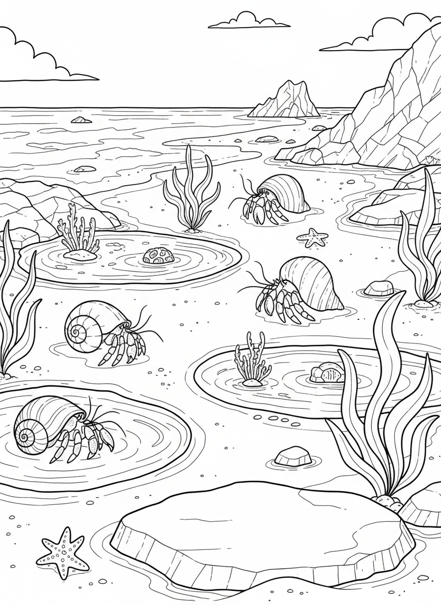 Wide beach scene with several hermit crabs in various shells exploring tide pools, rocks, seaweed, and small ocean creatures.