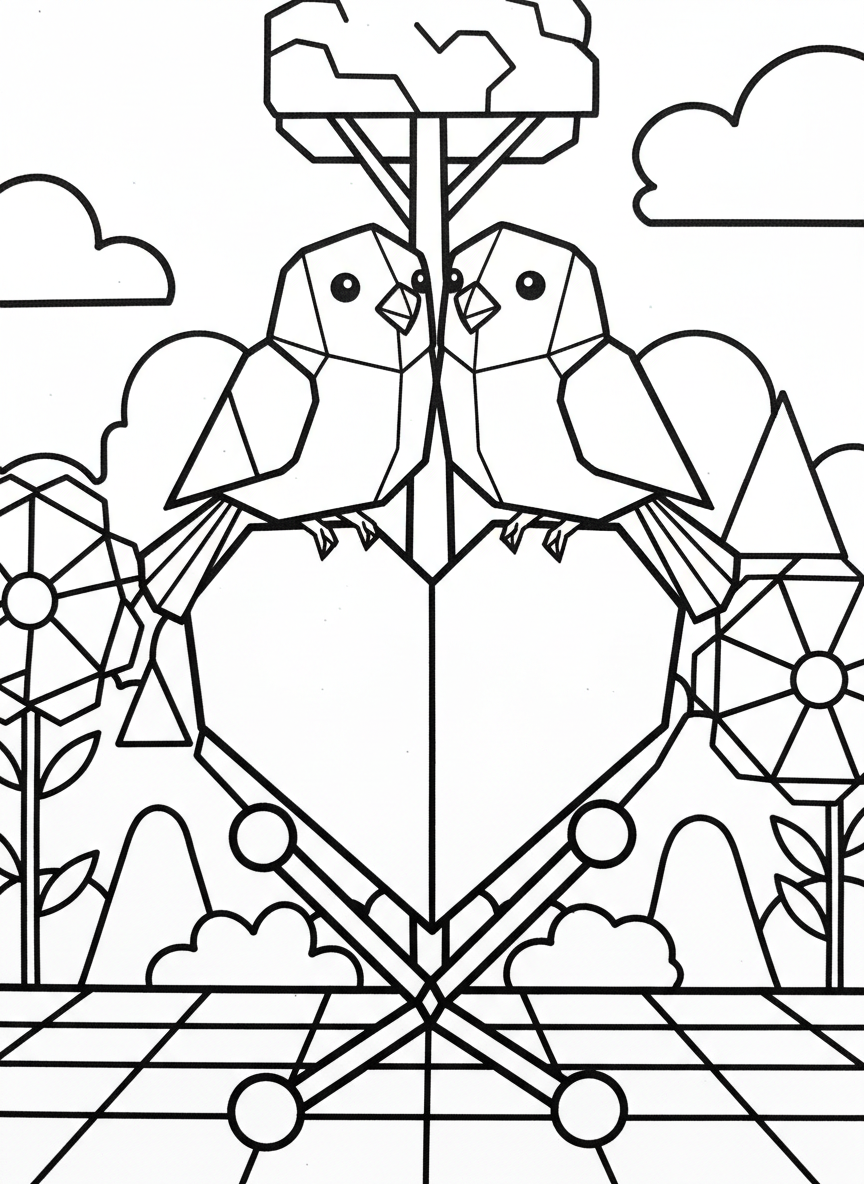 Two origami lovebirds sitting close together on a heart-shaped perch, with simple geometric shapes and sweet expressions.