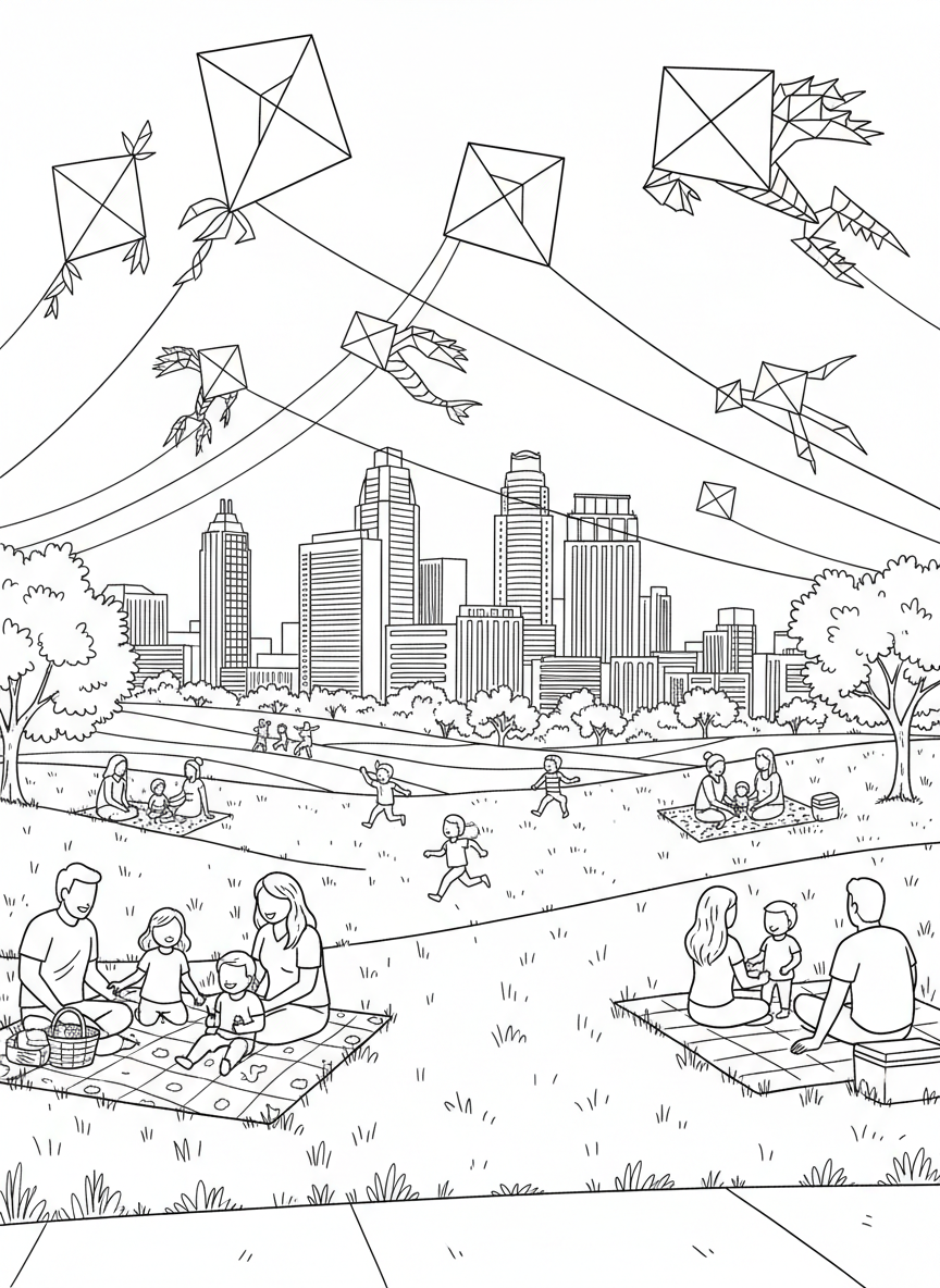 Zilker Park scene with kites flying, families having picnics, and the downtown skyline visible, wide park landscape
