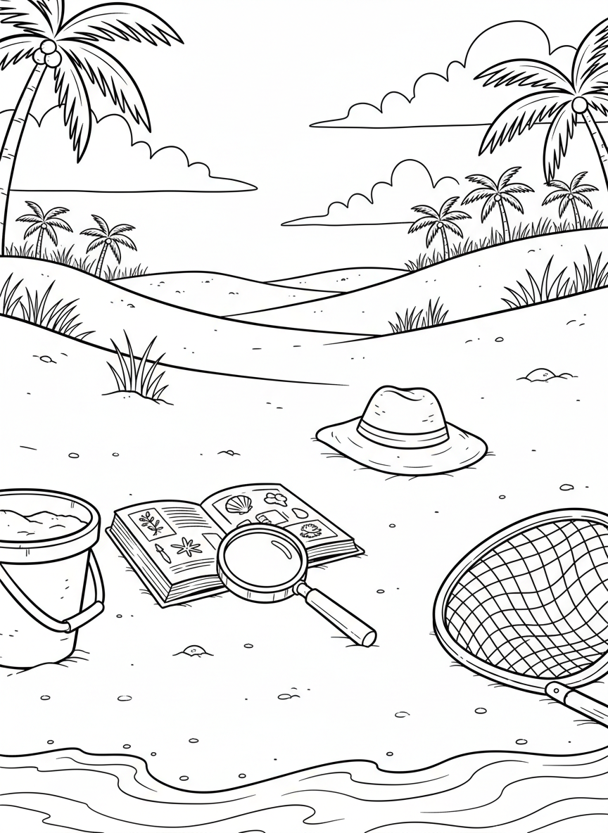 A wide beach scene showing scattered exploration tools: bucket, net, magnifying glass, field guide, and a sun hat on the sand.