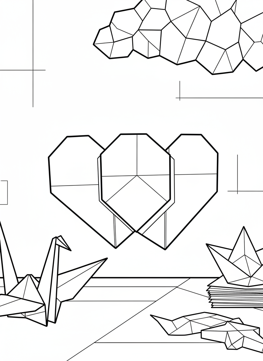 An origami double heart design where two hearts interlock, showing the clever paper folding technique with clear crease lines.