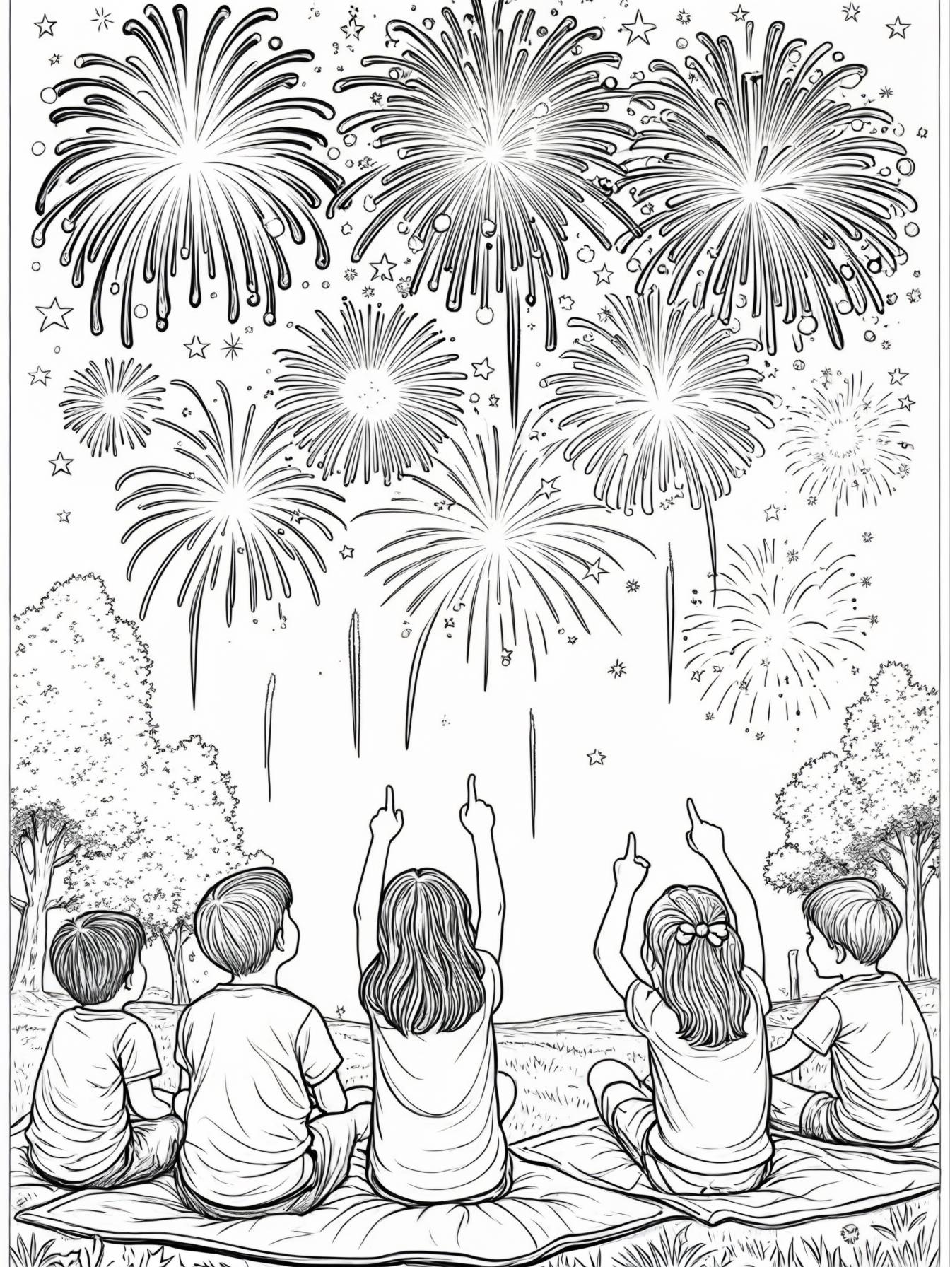 Fourth of July Fireworks coloring page prompts focusing on nighttime celebrations, glowing skies, and shared moments of awe.	Children sitting on blankets pointing upward as colorful fireworks bloom overhead.
