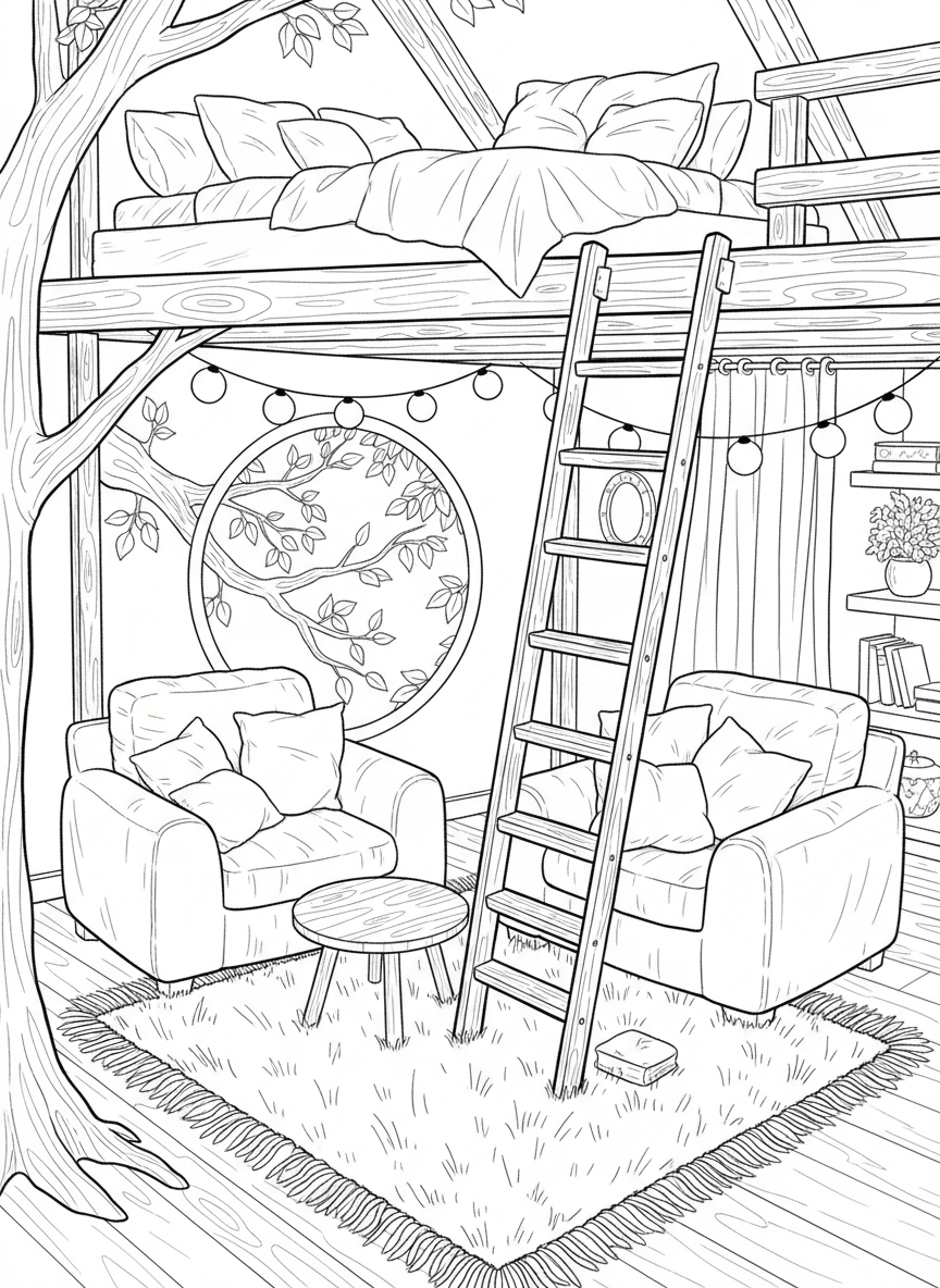 Two-level treehouse interior showing a loft sleeping area above and cozy sitting space below with cushions.