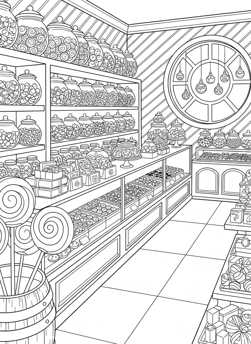 A candy shop interior filled with jars of sweets, striped decorations, lollipops, and shelves packed with colorful treats.