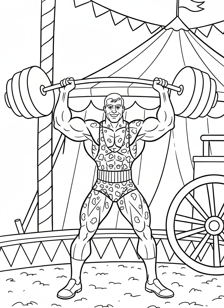 A circus strongman lifting a giant barbell with round weights, flexing muscles and wearing a leopard-print outfit.