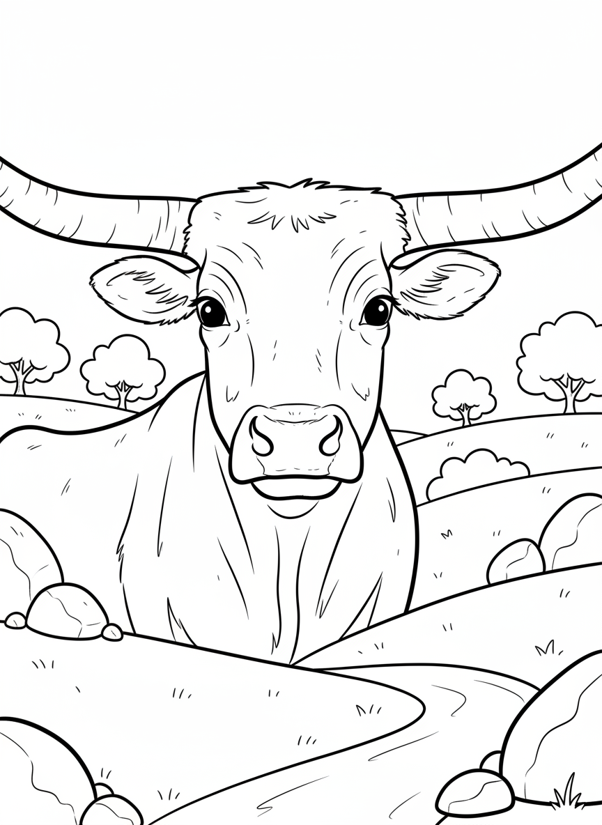 A longhorn steer portrait close-up showing its impressive horns and friendly face, simple bold lines for easy coloring
