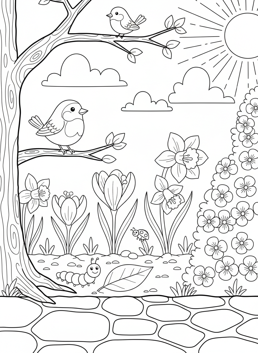 First Day of Spring coloring page prompts celebrating renewal, blooming landscapes, fresh air, and seasonal optimism.	A garden scene with early flowers pushing through the soil, birds perched nearby as spring officially begins.