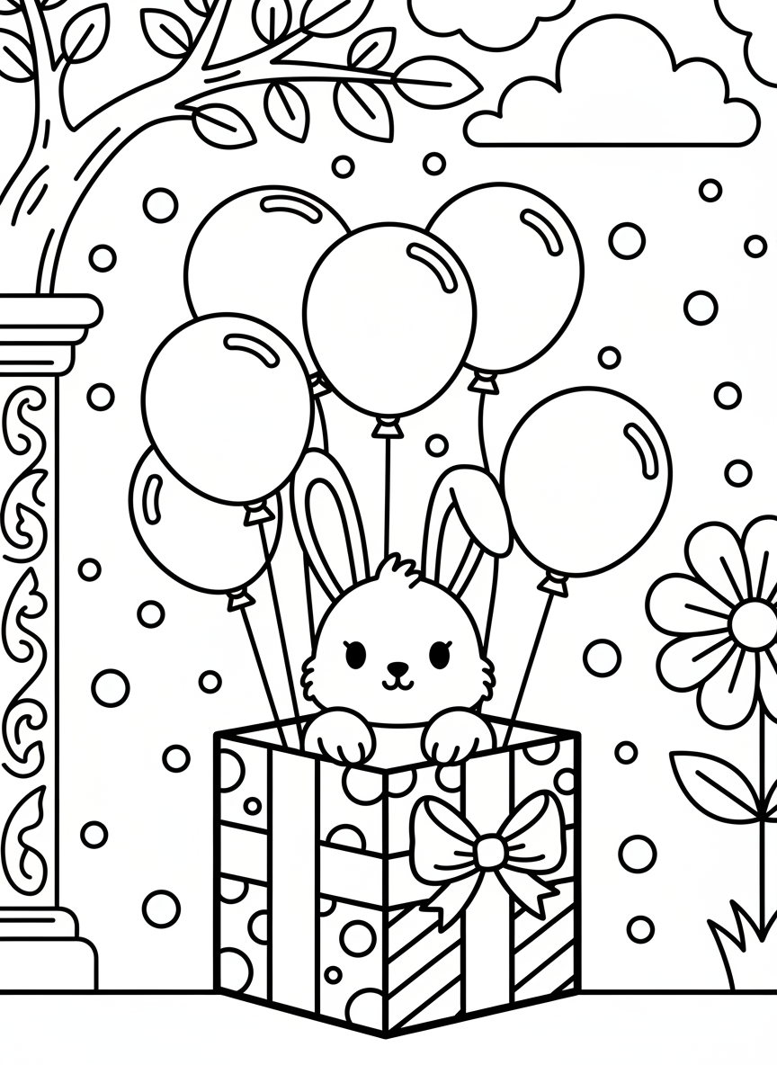 A cute bunny rabbit popping out of a gift box with balloons tied to the box, confetti falling around