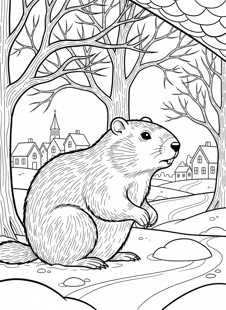 A landscape scene showing a groundhog in the foreground with a small town, bare trees, and patches of snow in the background