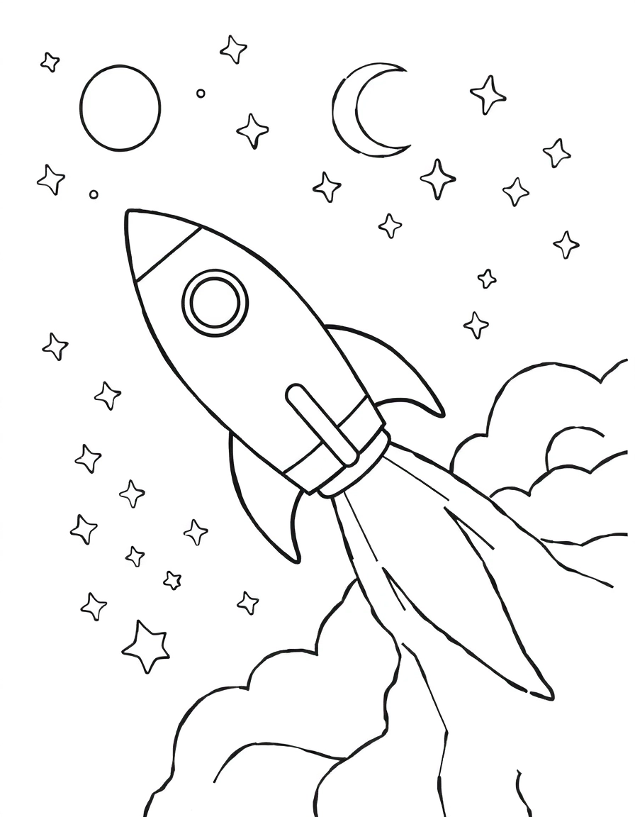 A friendly rocket ship launching into space, leaving a trail of smoke, with lots of stars, a planet and a crescent moon in the background.