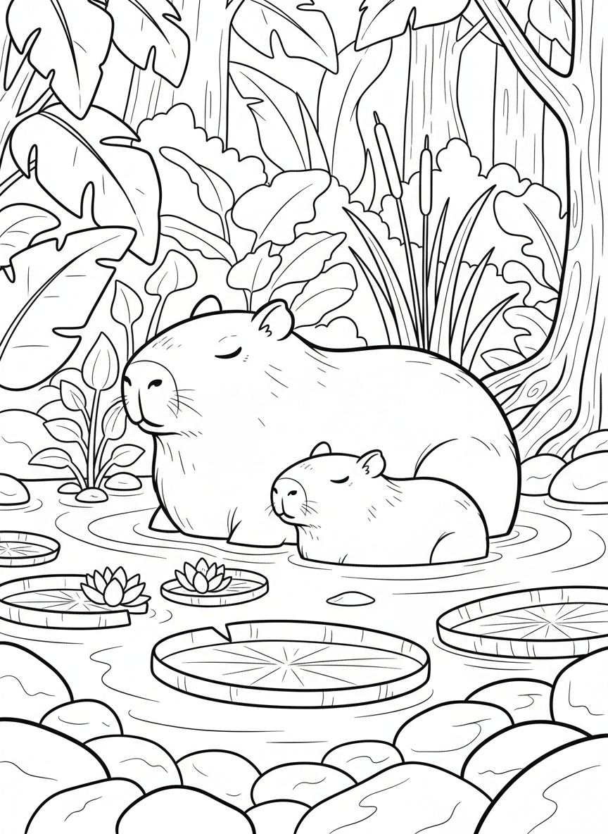 A family of capybaras resting by a rainforest stream, with their rounded bodies and calm expressions, surrounded by water plants.