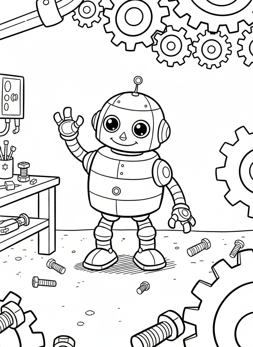 A friendly round robot with big circular eyes and antenna waving hello, standing in a simple background with gears and bolts scattered around.