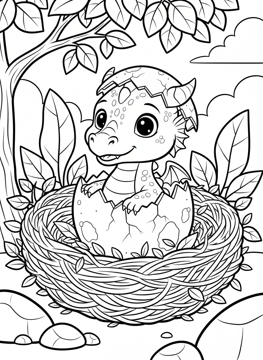 A baby dragon hatching from a large egg in a cozy nest, looking curious and cute with big eyes.
