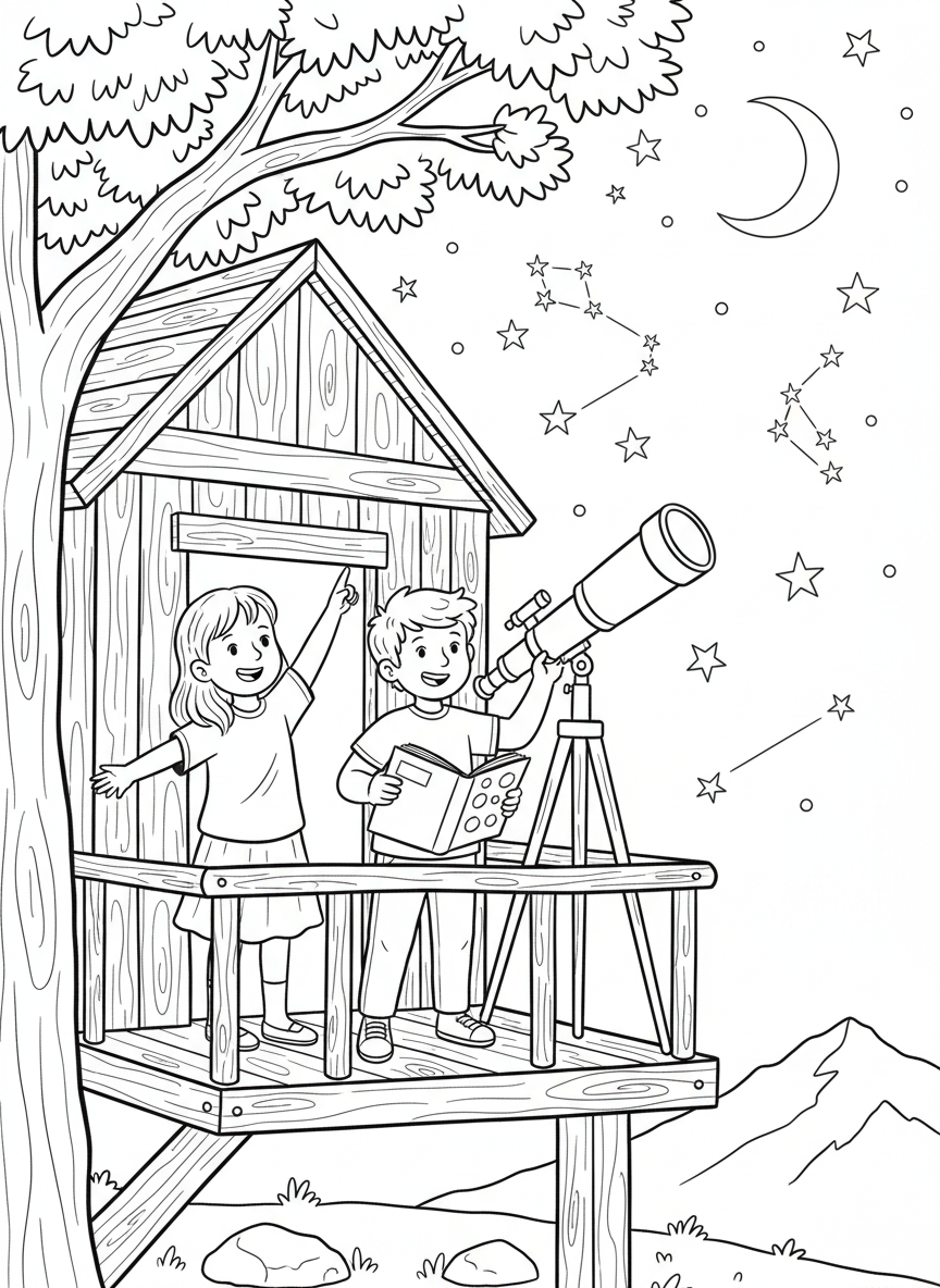 Two children in a treehouse pointing at constellations in the sky, with a telescope beside them and a notebook for recording observations.
