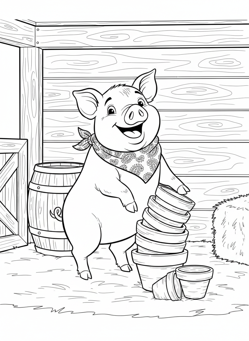 A cheerful pig wearing a bandana standing next to a stack of clay flower pots in a rustic barn, simple line art for coloring