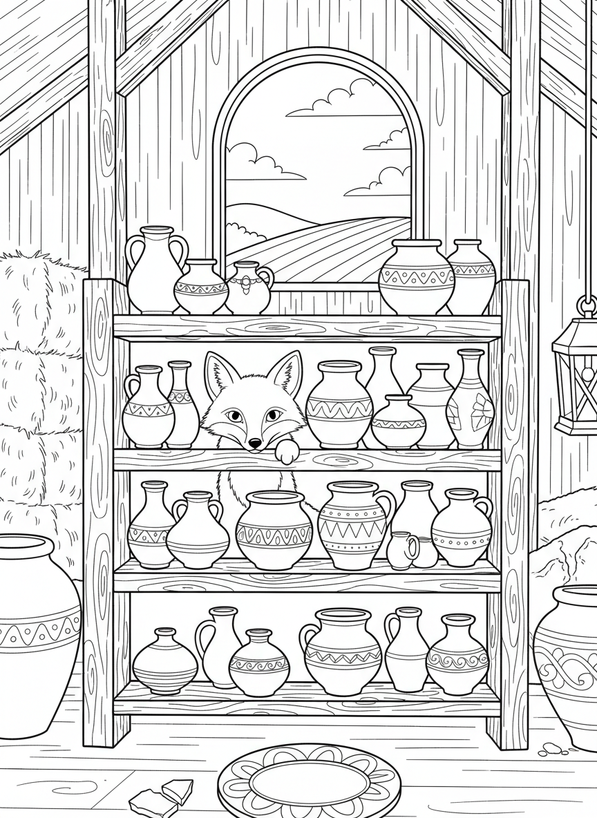 A curious fox peeking out from behind a wooden shelf filled with various pottery jars and vases in a cozy barn setting