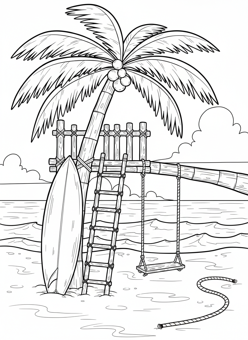 Beach-side palm tree hideout with a bamboo platform, surfboard leaning against the trunk, and a rope swing over sandy ground below.