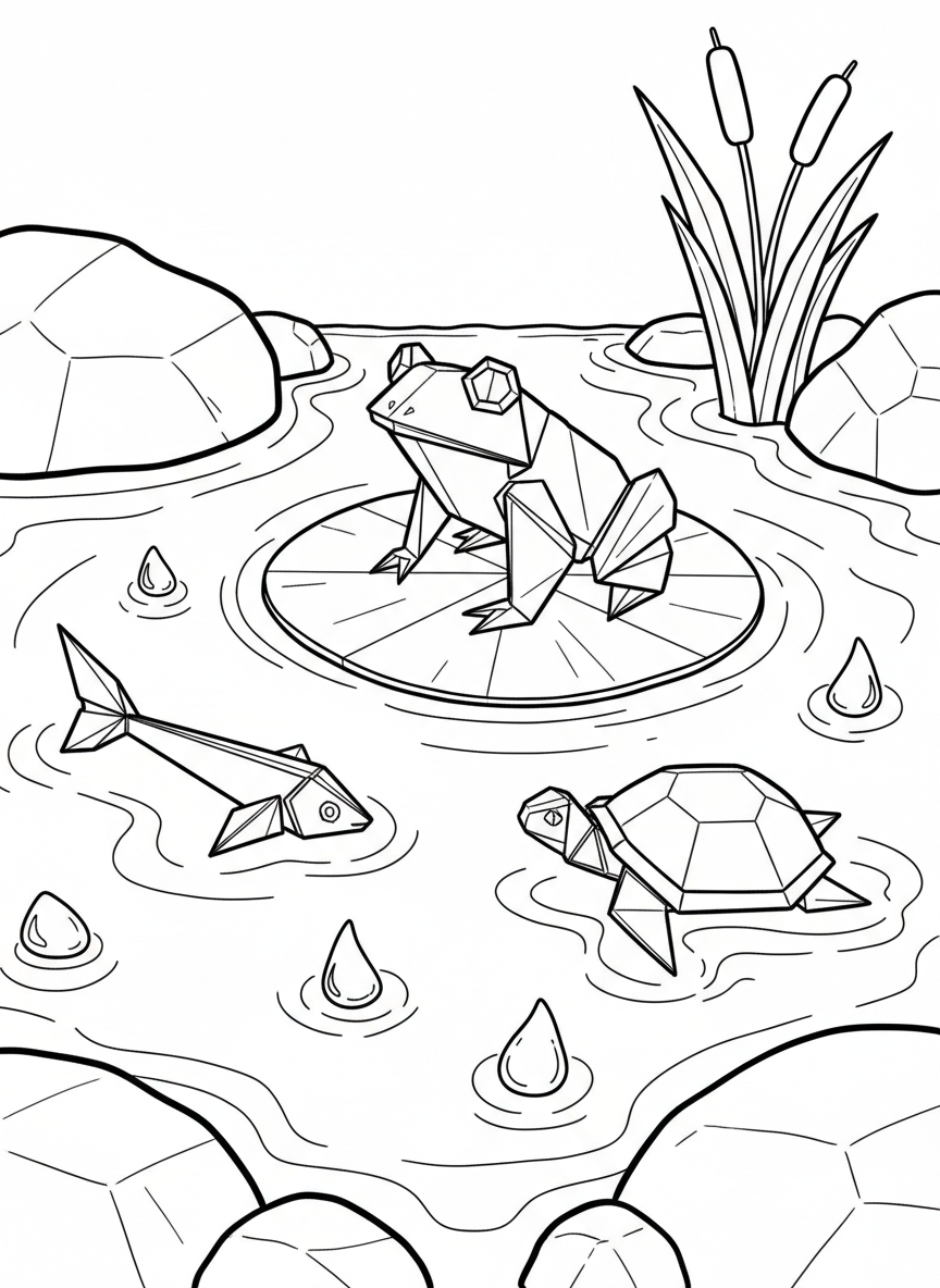 A pond scene with multiple origami animals including a frog, turtle, and fish, all with clear geometric paper-fold designs