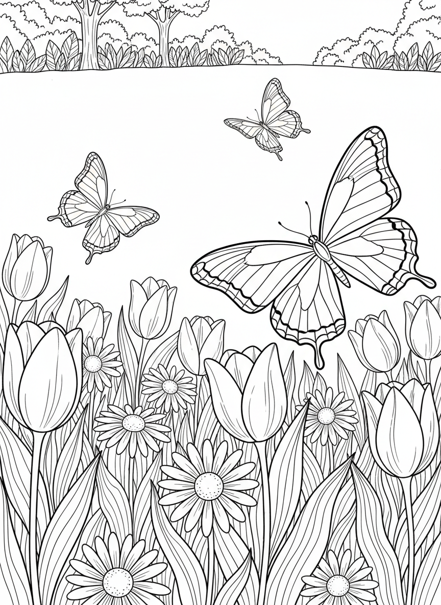 Three butterflies of different sizes flying above a garden filled with tulips and daisies, wide scene with flowers in the foreground.