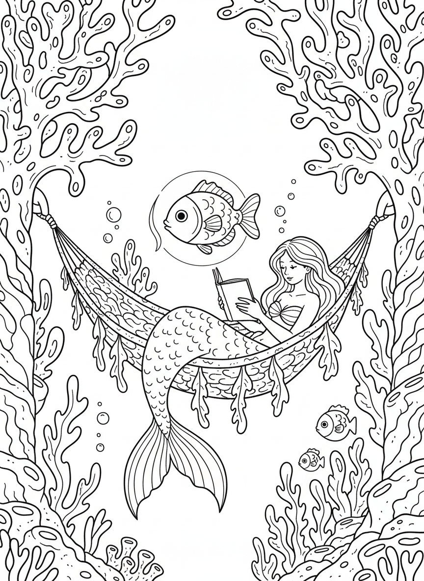 Mermaid resting in a hammock made of seaweed between two coral pillars, reading with a lanternfish providing light, whimsical nighttime underwater scene