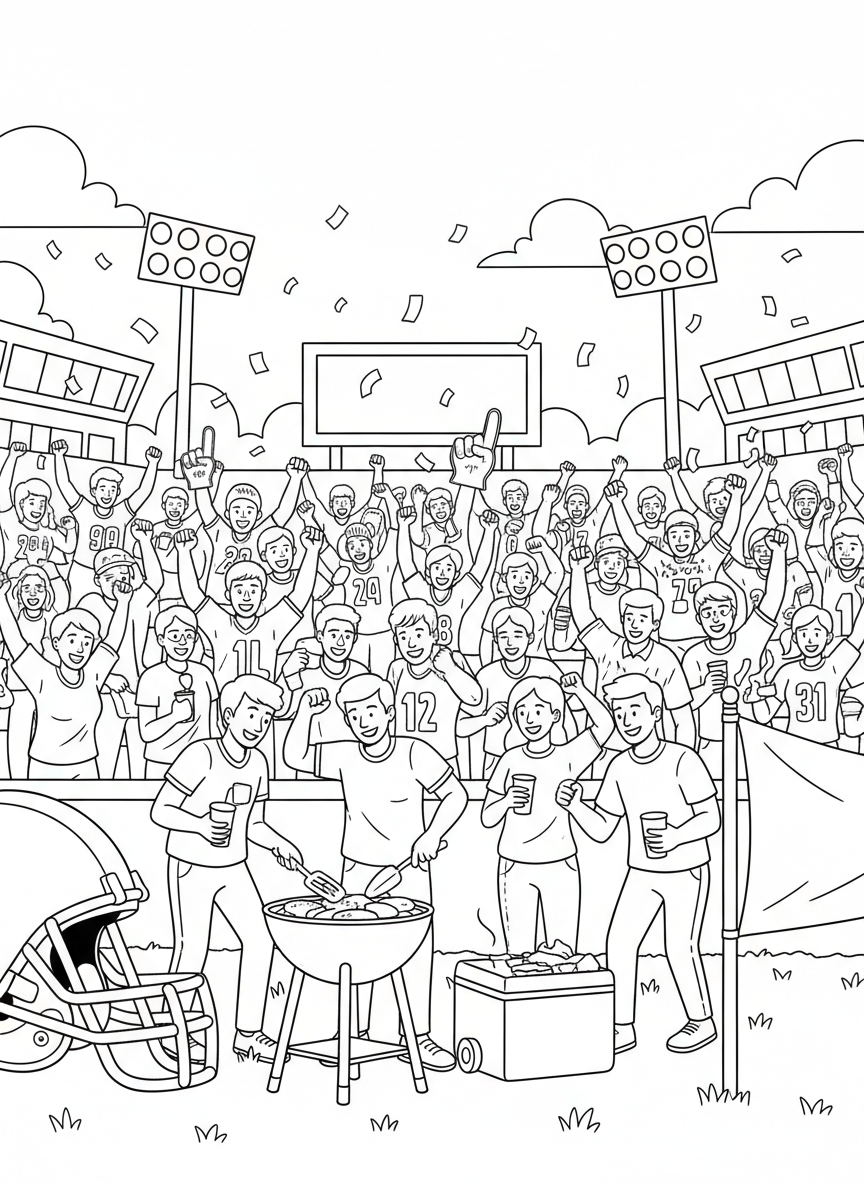 NFL Kickoff coloring page prompts capturing the start of football season, anticipation, tailgates, and opening-week excitement.	Fans in jerseys and face paint cheering wildly from the stands.