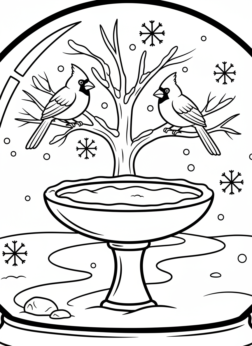 A snow globe containing a winter garden with a birdbath, cardinals perched on branches, and gentle snow falling all around the scene.