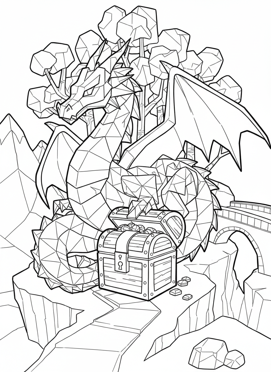 An origami dragon coiled around a treasure chest, displaying intricate paper-fold patterns on its body and detailed geometric scales.