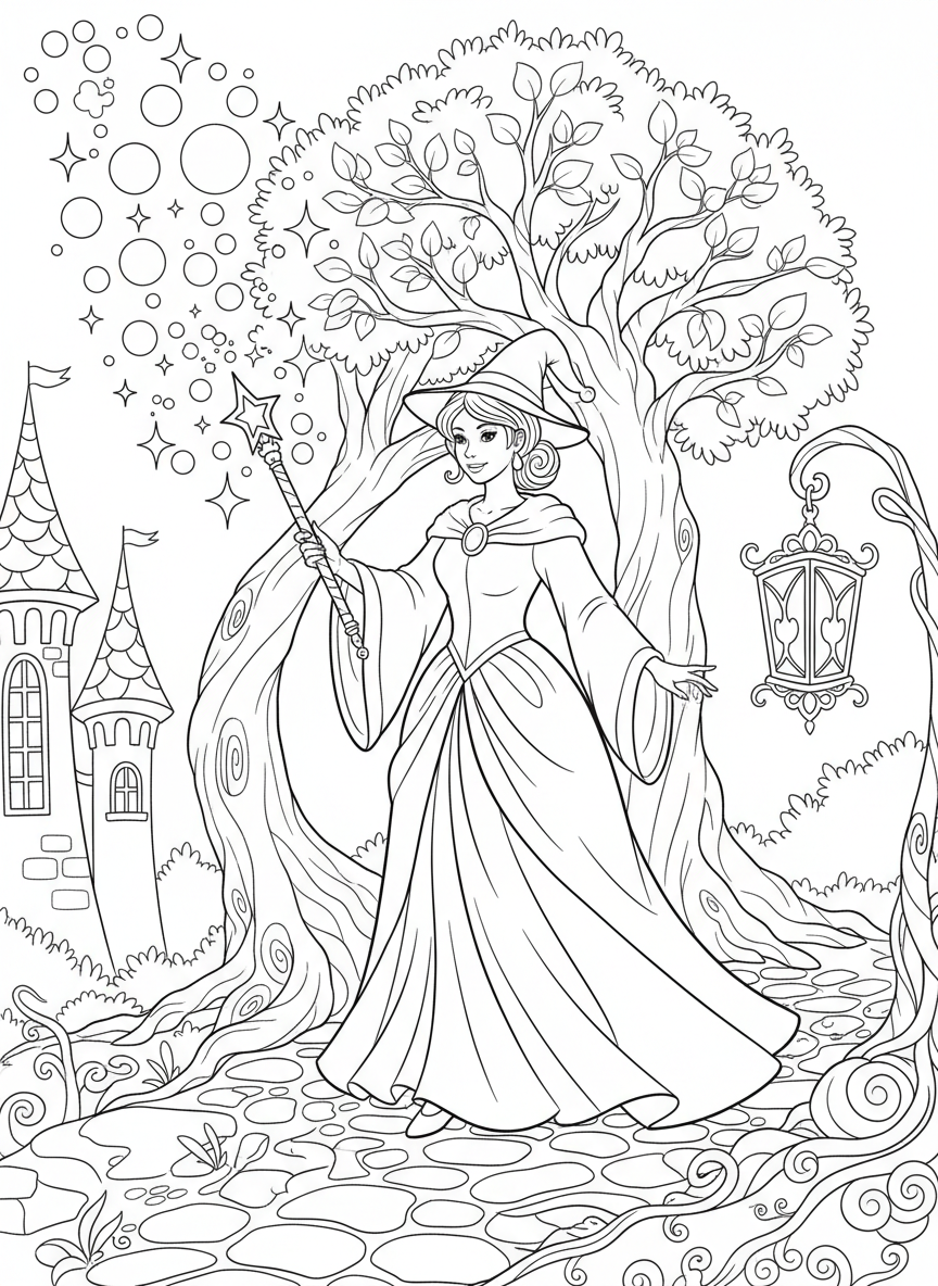 A fairy godmother with a magic wand creating sparkles and stars around her, whimsical coloring page design