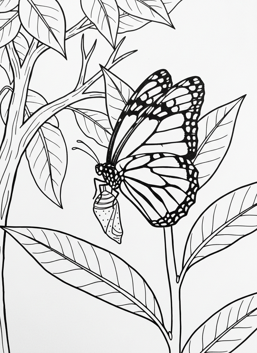 A monarch butterfly emerging from its chrysalis on a milkweed plant, showing transformation.
