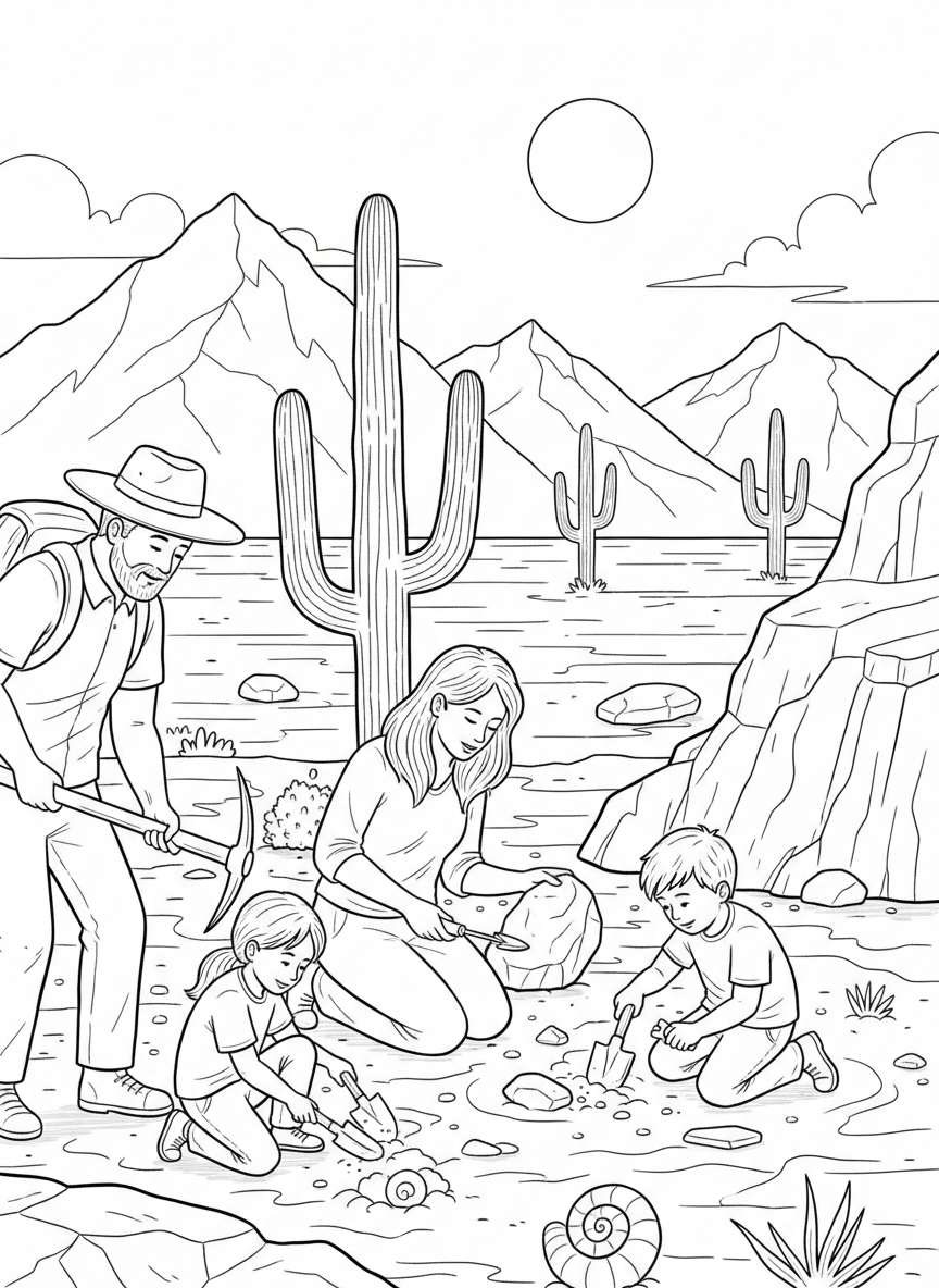 Wide scene of a family fossicking adventure in a desert landscape with cacti, mountains, and kids searching the ground with tools.