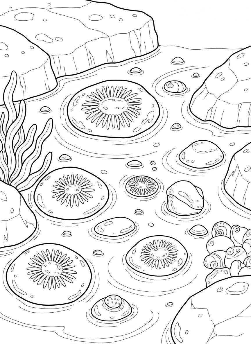 Tide pool from above showing circular anemones dotting the rocks, with water ripples and small shells scattered around