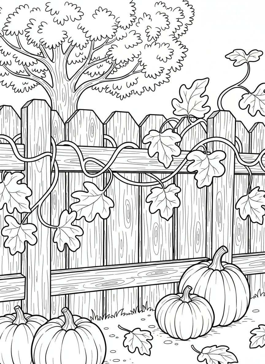 A wooden fence with vines and autumn leaves growing over it, with a few pumpkins resting at its base.