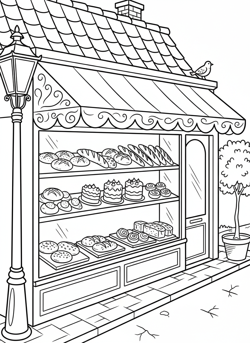 A bakery storefront window display showing cakes, pastries, and bread loaves on shelves with a welcoming awning above.