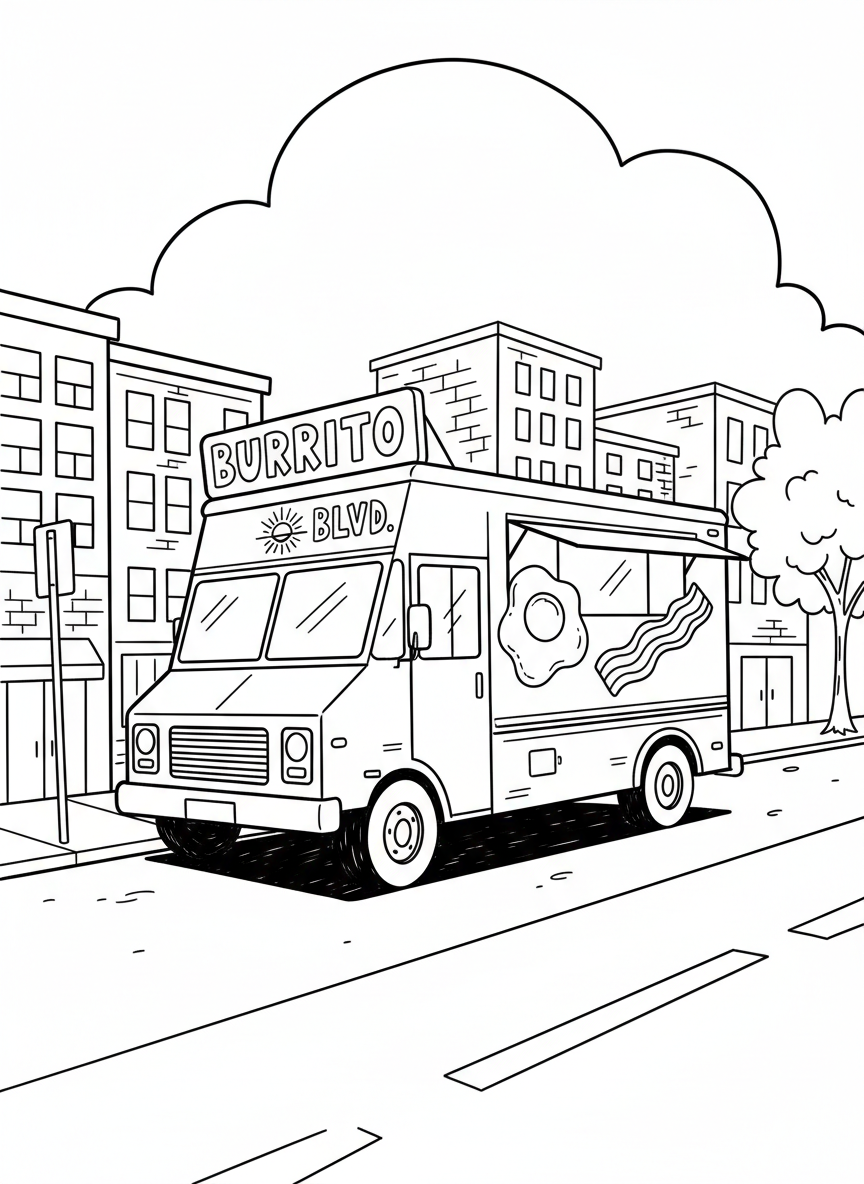 A breakfast burrito food truck with sunrise logo, eggs and bacon illustrations on the exterior, parked on a city street