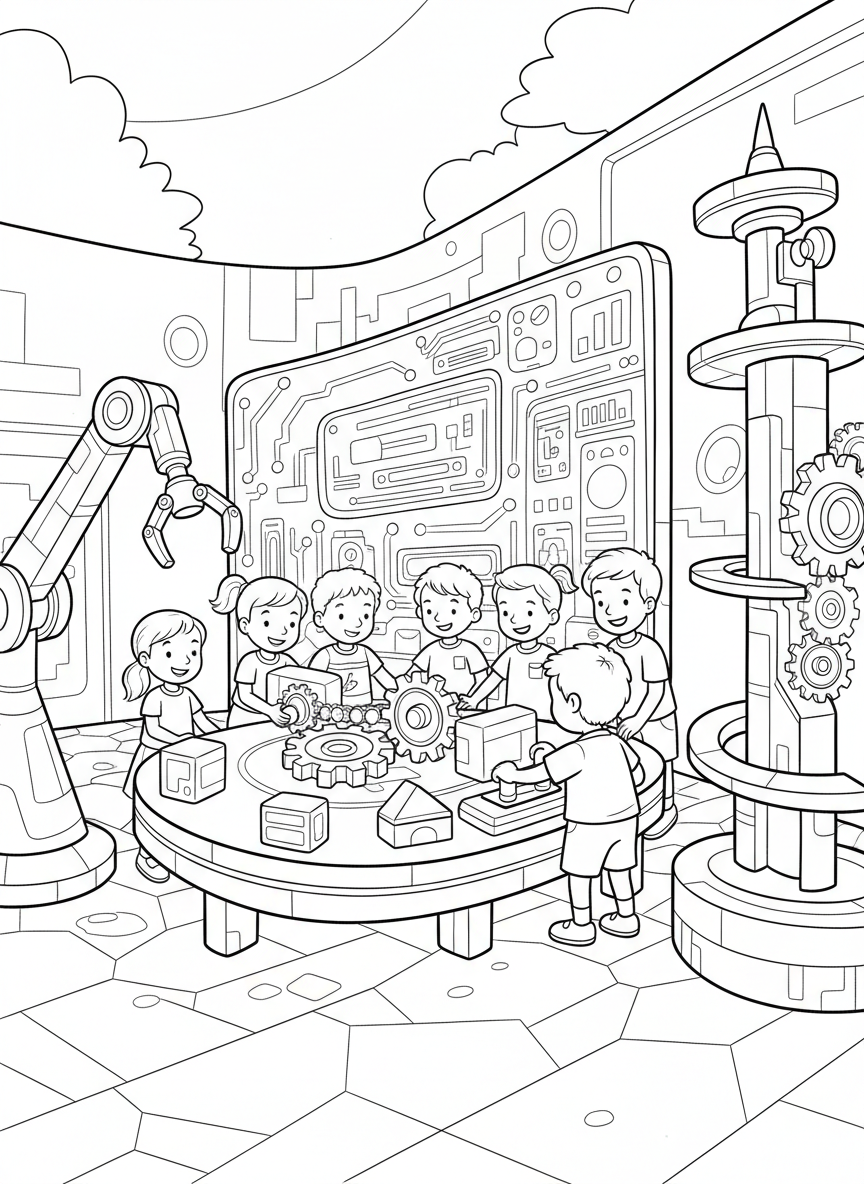 Children playing with building blocks and gears at an interactive technology exhibit, fun scene to color