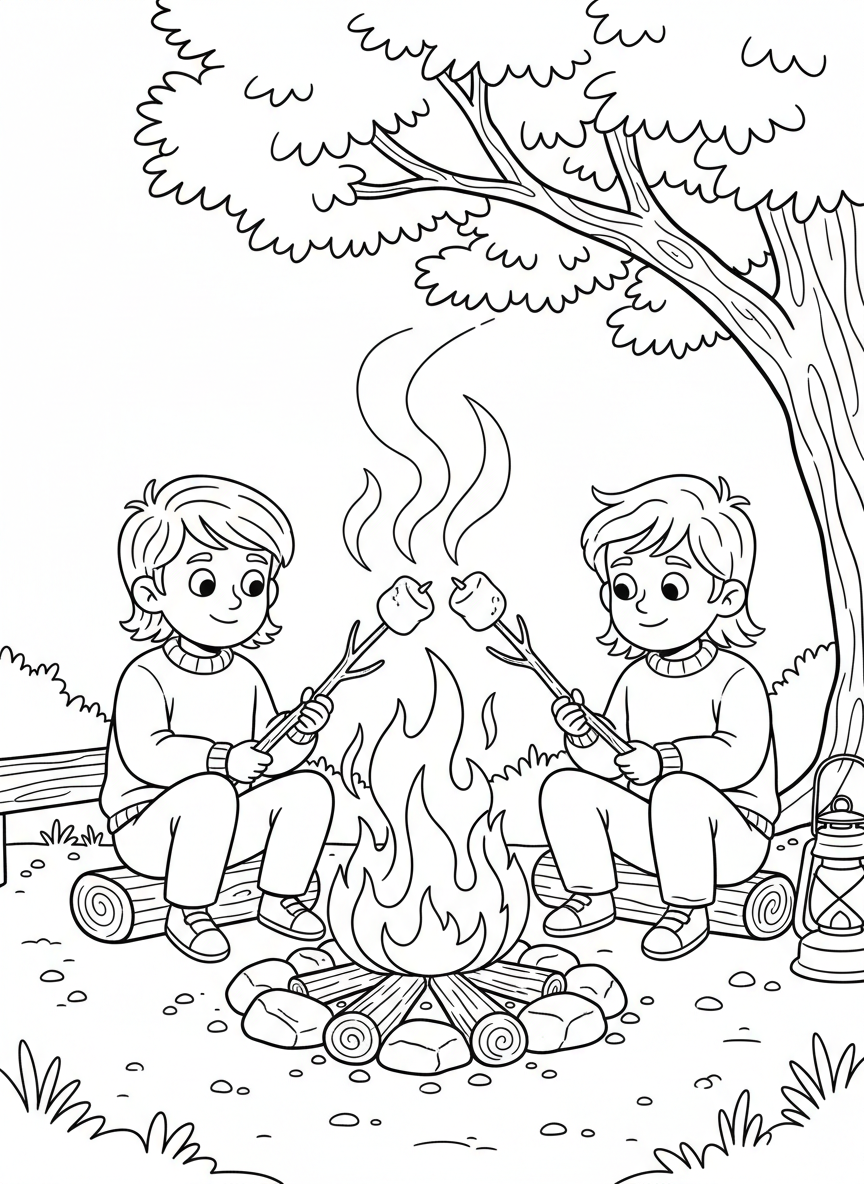 Two children roasting marshmallows on long sticks over a crackling campfire, with flames and smoke rising upward.