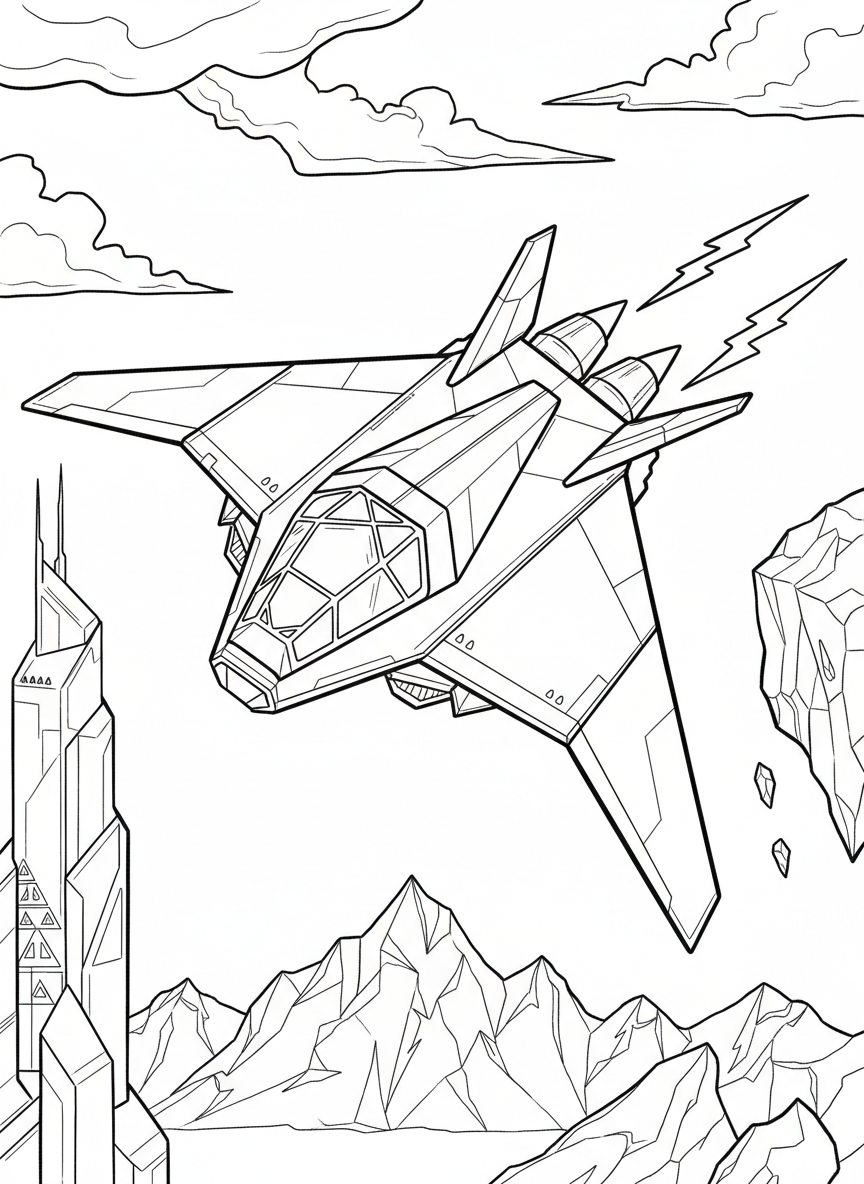 A futuristic origami spaceship with sharp angular wings, geometric cockpit windows, and triangular boosters in flight
