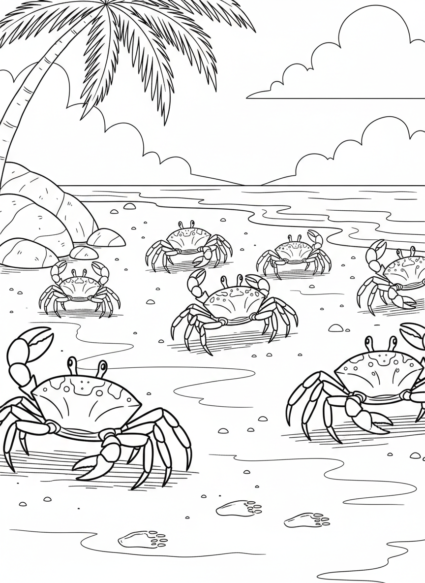 Multiple crabs of different sizes scuttling sideways along the beach, leaving tiny footprints in the wet sand behind them.
